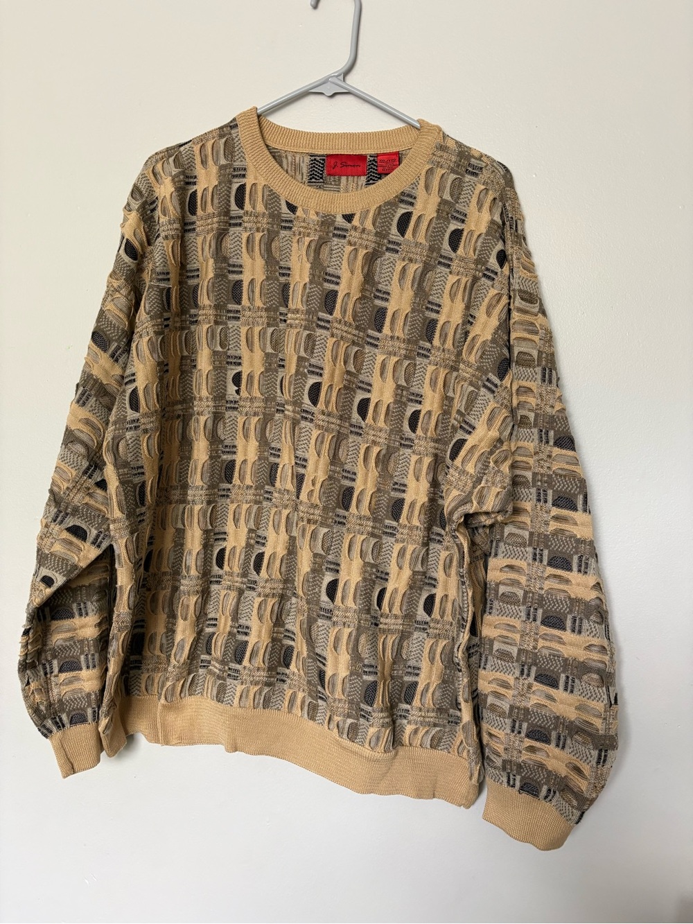100 % cotton ,Men's Crewneck Sweater in Tan and Gray with Geometric Texture
